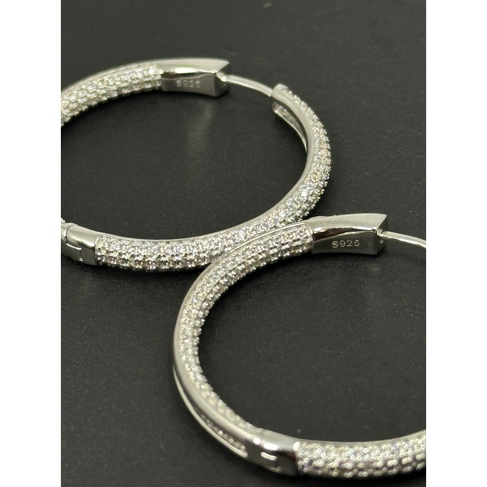 Sterling Silver 925 Inside Out CZ Hoop Earrings Pave Cubic Zirconia 1.5 Inch - Picture 5 of 11